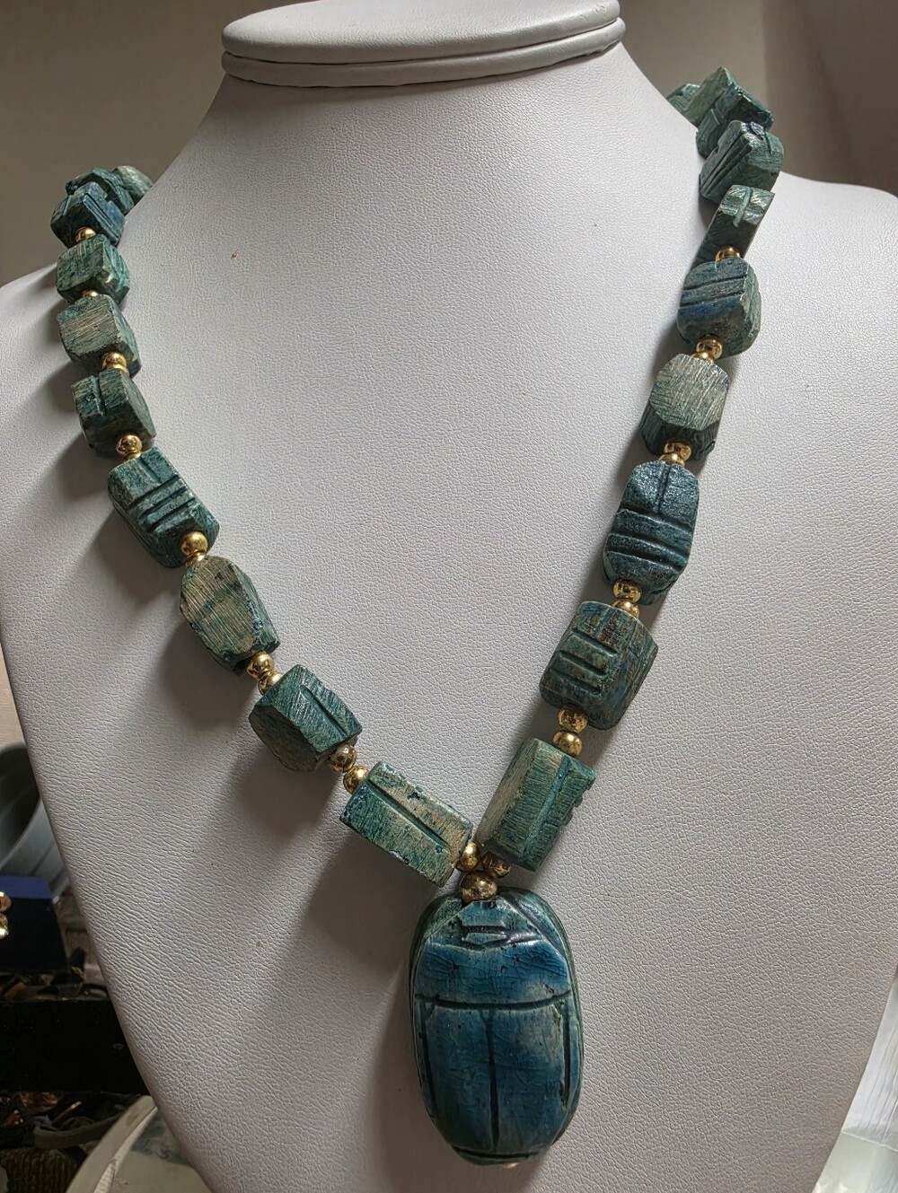 Vintage Egyptian Revival Faience Scarab Statement Necklace